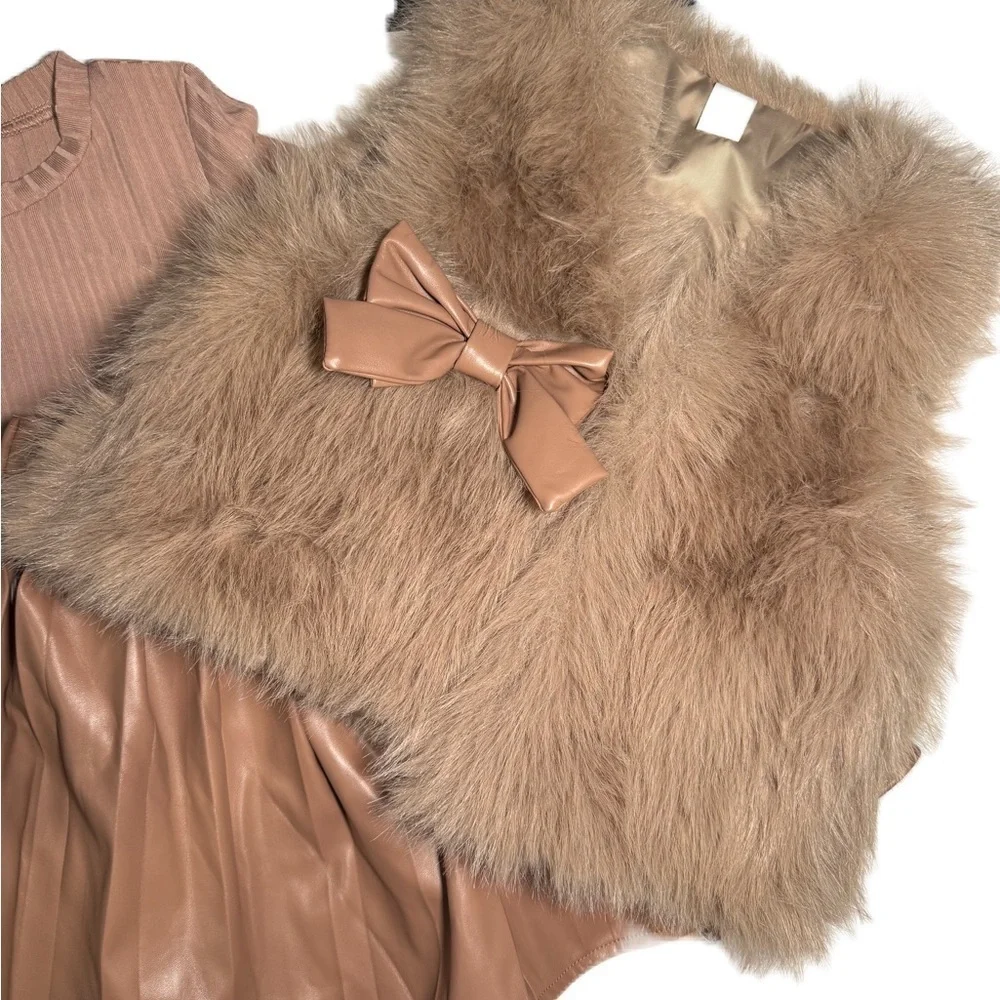 Stylish Tan Faux Fur Vest, ribbed top and faux leather pleated skirt